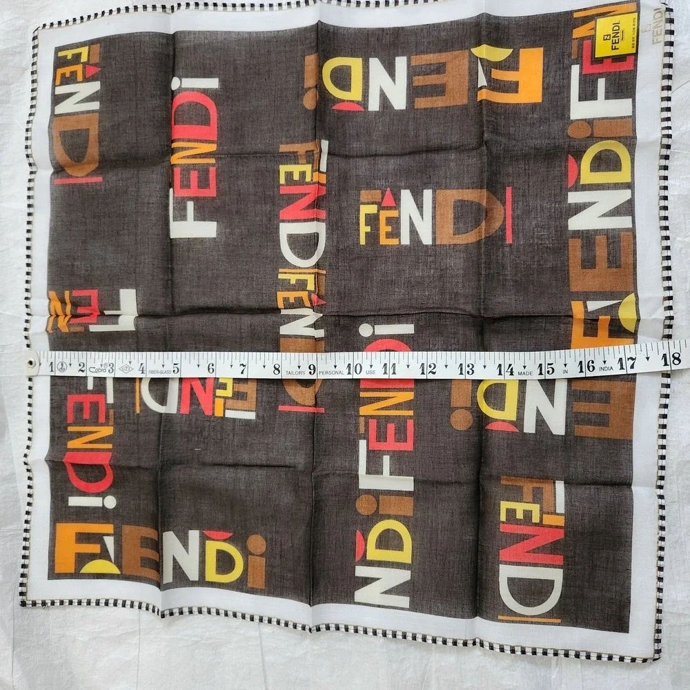 Vintage FENDI Zucca Logo Cotton Handkerchief Pocket Square Brown Orange Red 18